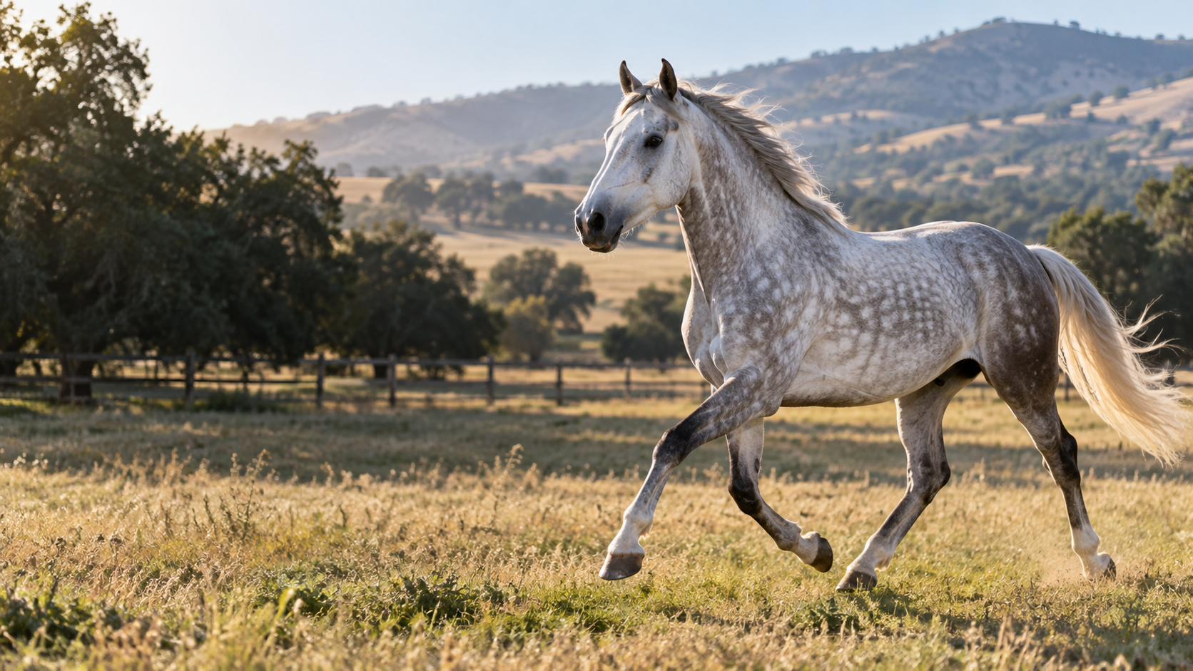 Live dapple gray horse trotting through a field near Delhi