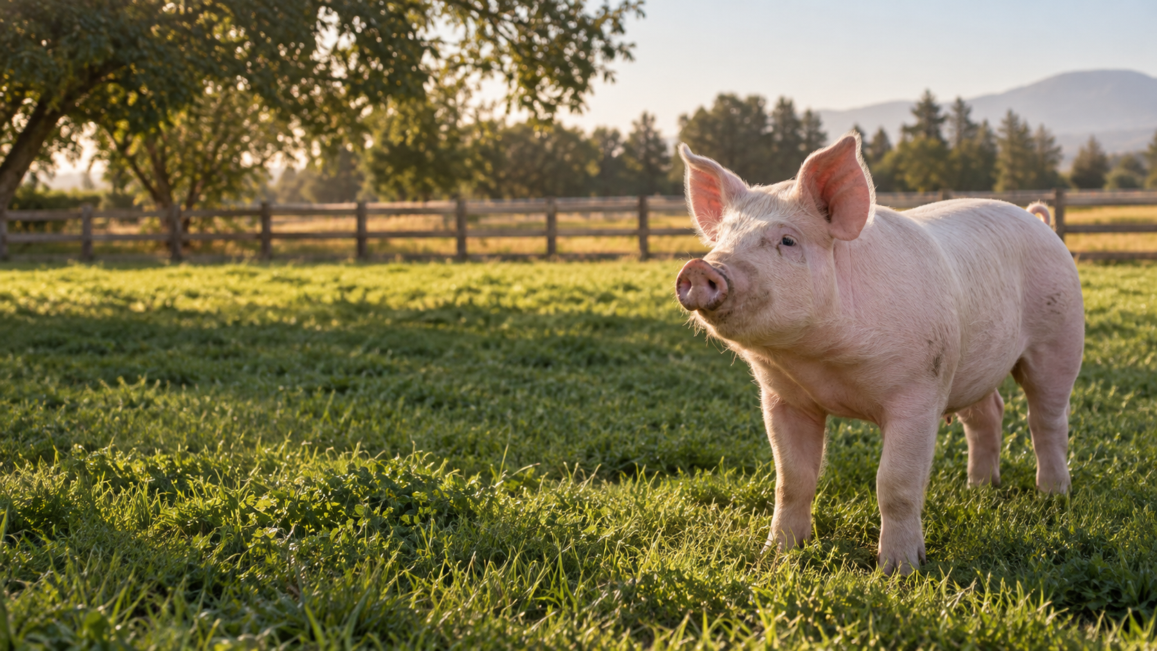 Live pink farm pig in a pasture near Denair